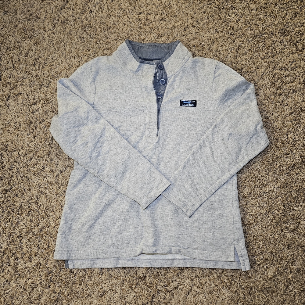 LL Bean Heavy Henley Women's M Petite 1/4 Button Pullover Sweatshirt Gray